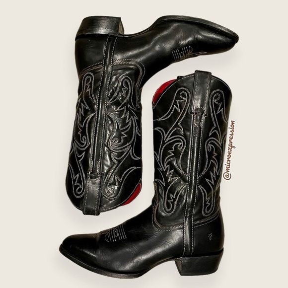 VINTAGE 1990 Frye Black Red Contrast Leather Embroidery Stitch Tall Cowboy Boot - Picture 2 of 11